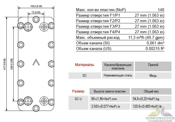 Габаритный чертёж и параметры паяного пластинчатого теплообменника SWEP B16DW U-Pressure
